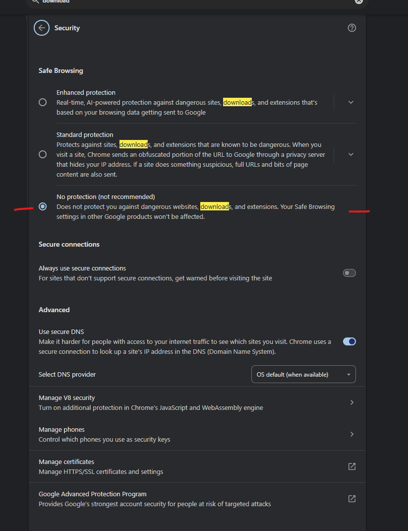 Adjusted Download Settings